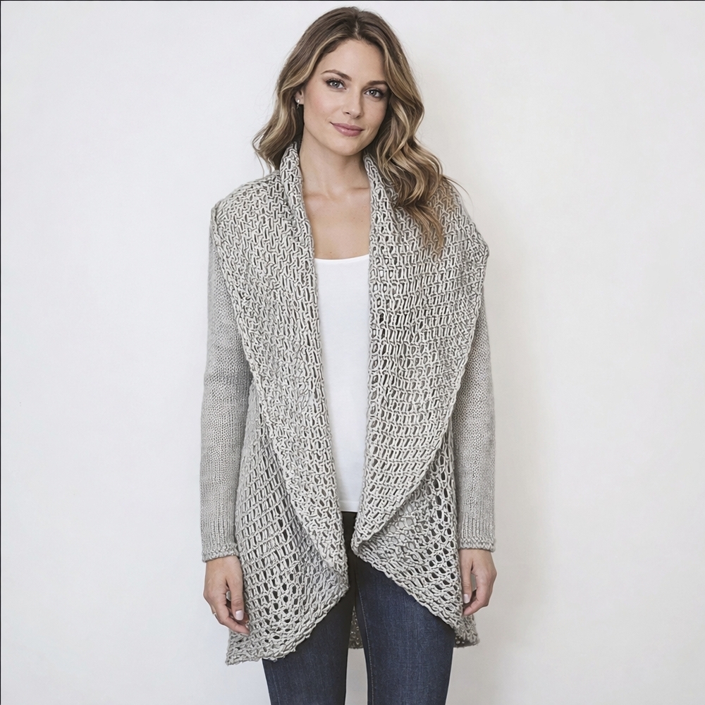 Made in Italy, Gray Open Front, Long Crochet Cardigan Sweater with Wide Collar